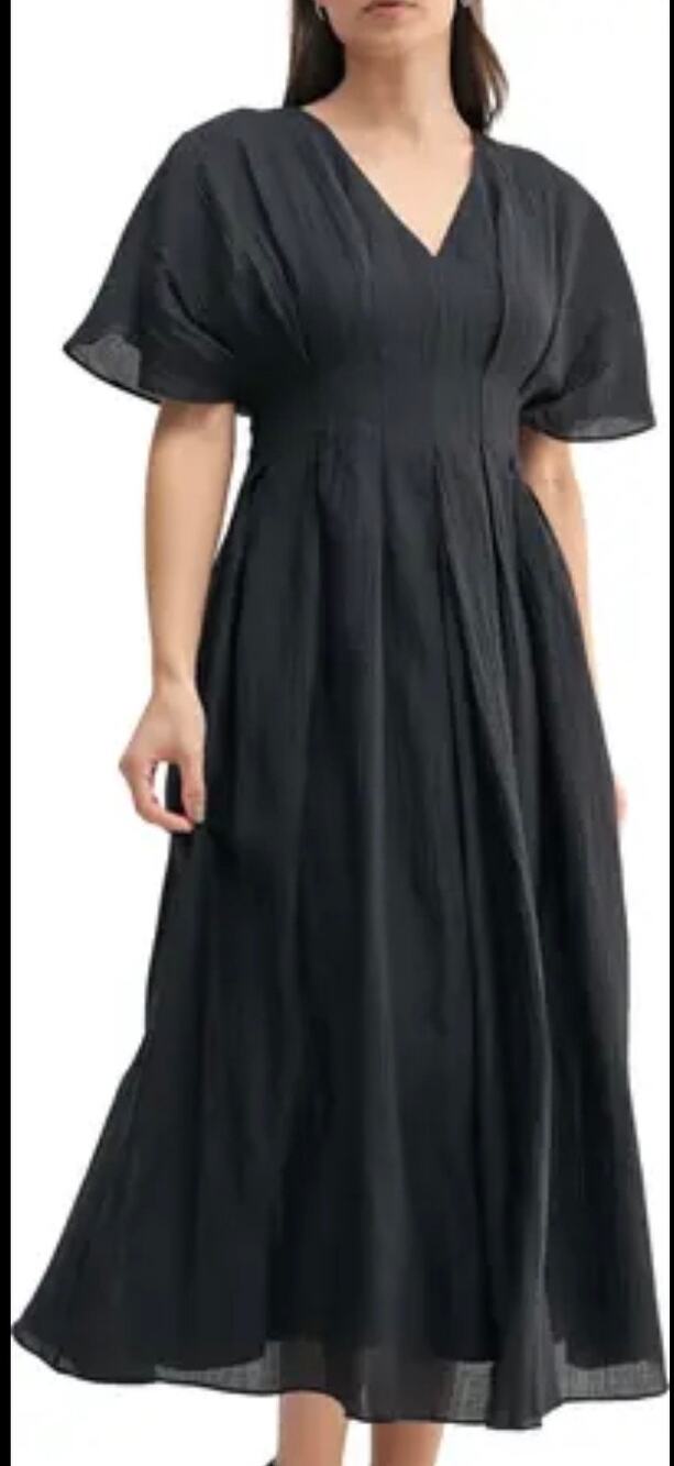 Unique Vintage Black V-Neck Midi Dress with Flutter Sleeves